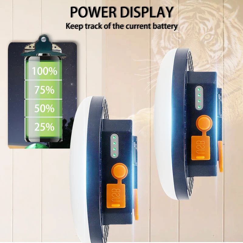 9900mAh LED Tent Light, Easily track battery life with a clear display of percentage levels.