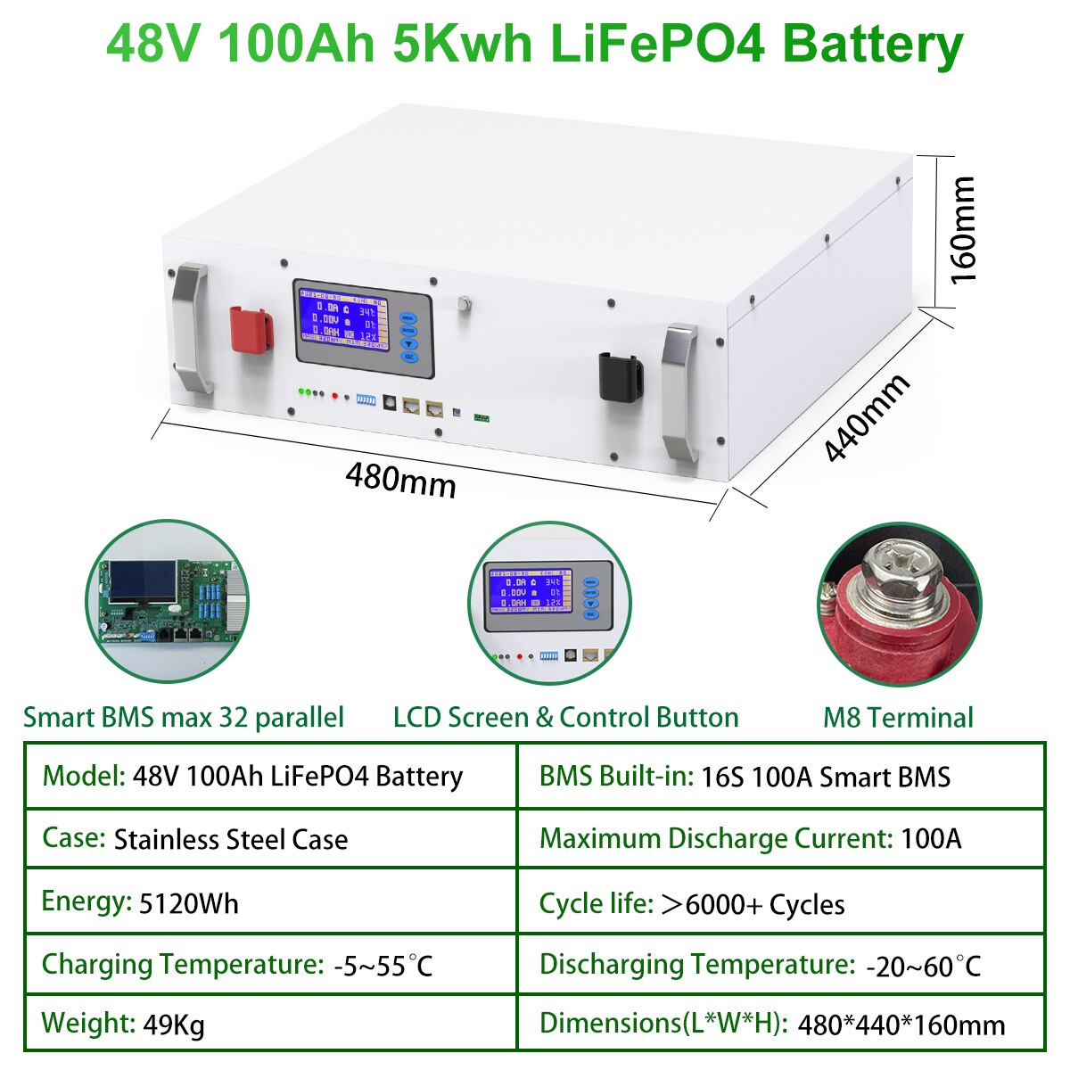 Batterie Powerwall 48V 100Ah 200Ah LiFePO4 - 6000 Cycles 5Kw 10KW 16S 51.2V BMS RS485 CAN BUS Moniteur PC pour système PV hors/sur réseau
