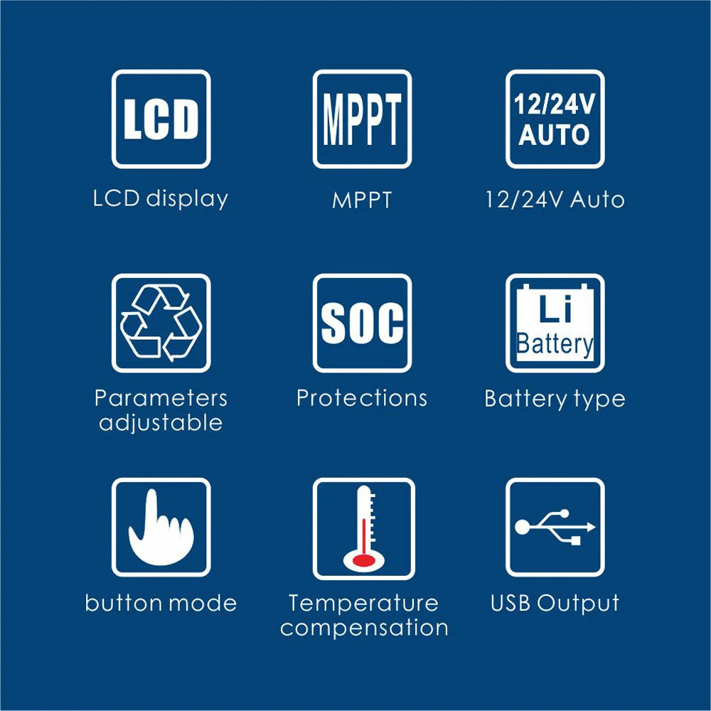 MPPT Solar Charger Controller with LCD Display for 12/24V Batteries, featuring auto-adjusting battery parameters and protective features.