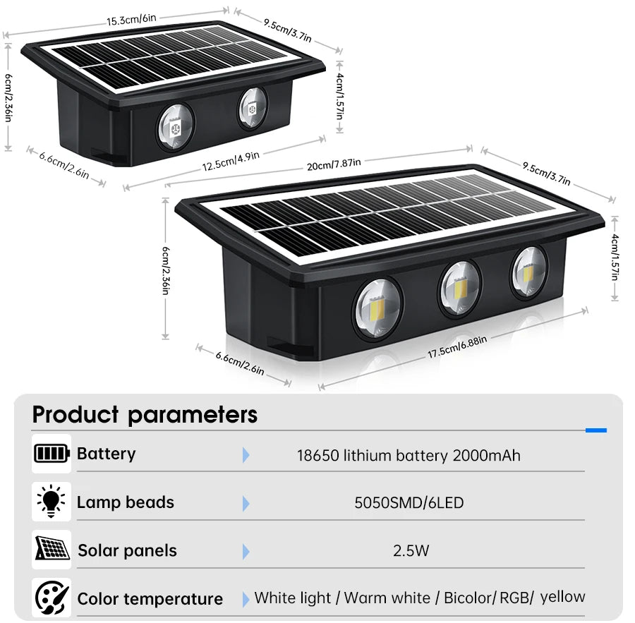 Decorative Solar Wall Light, Solar-powered wall lights with auto on/off, waterproof, and RGB white/warm white options for outdoor decoration.