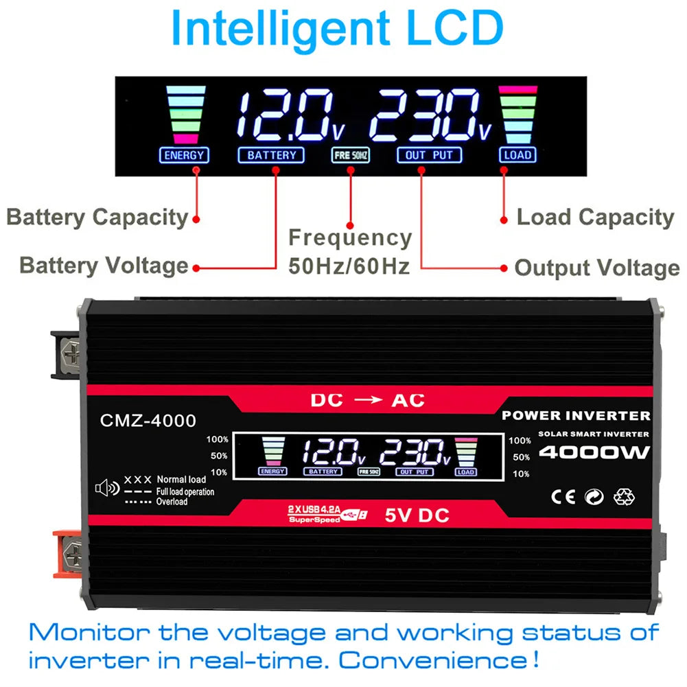 4000W Pure Sine Wave Inverter, Pure Sine Wave Inverter features LCD display, efficiency, solar smart tech, and monitoring.