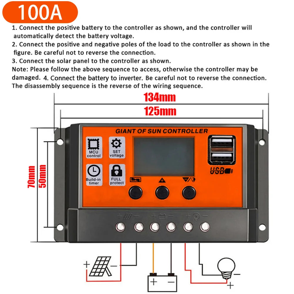 Solar Charging Controller, Connect positive battery terminal to controller, then load and finally solar panel in that order to avoid damage.