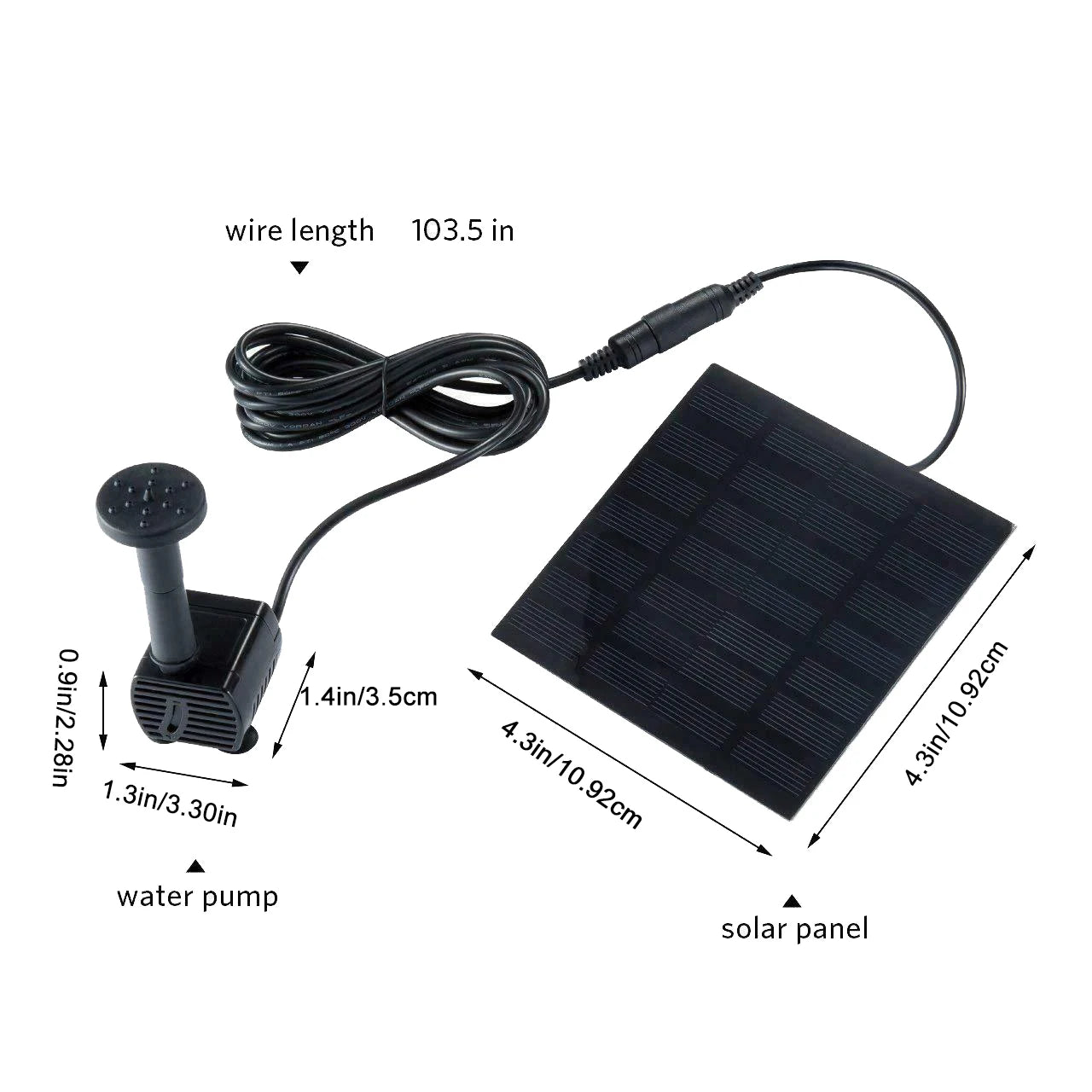 Solar Panel Powered Water Fountain, Solar-powered water fountain with long wire, compact pump, and large solar panel.