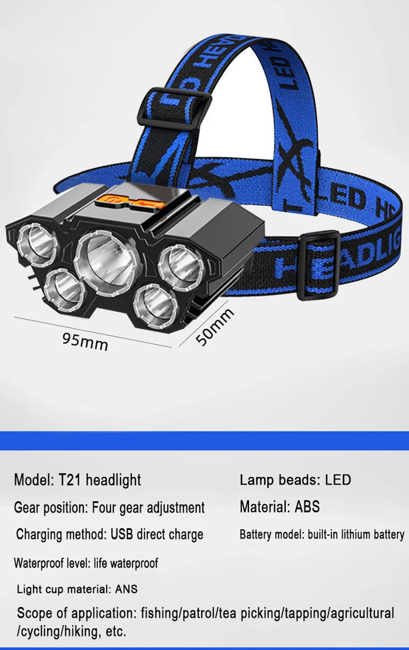 USB Rechargeable Headlamp Portable 5LED Headlight, T21 Headlamp: Rechargeable LED light with 4 gear adjustments and USB charging, great for outdoor adventures.