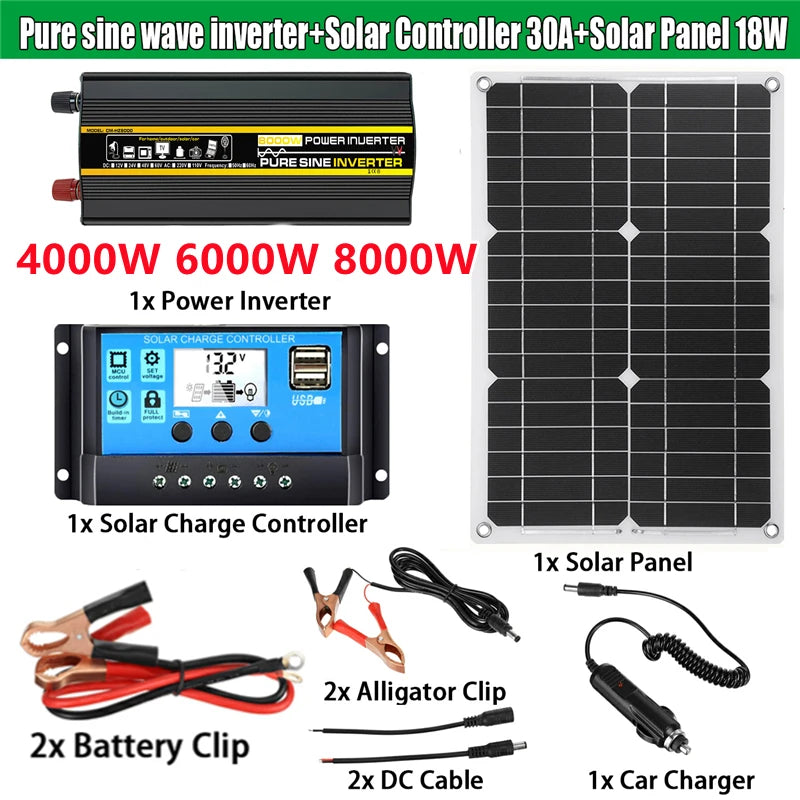 4000W/6000W/8000W Solar Panel, Solar power generation kit includes inverter, charge controller, and solar panel with additional accessories for car charging.