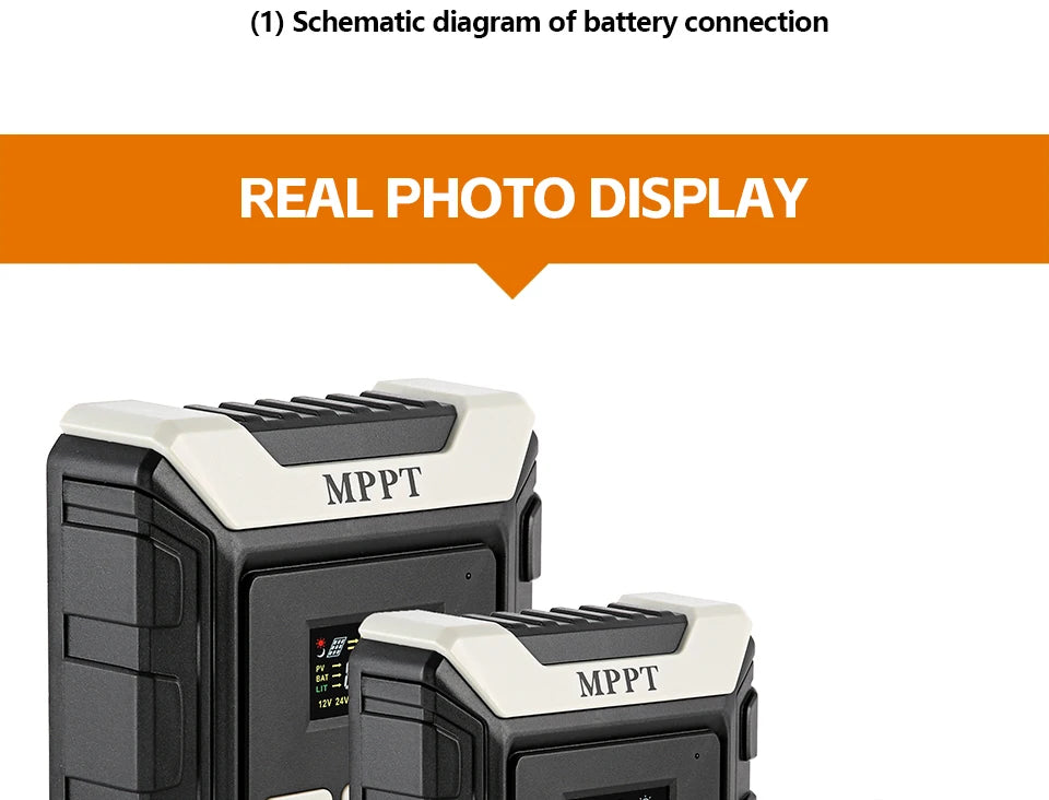 Real photo display of battery connection schematic diagram for MPPT charge controller.