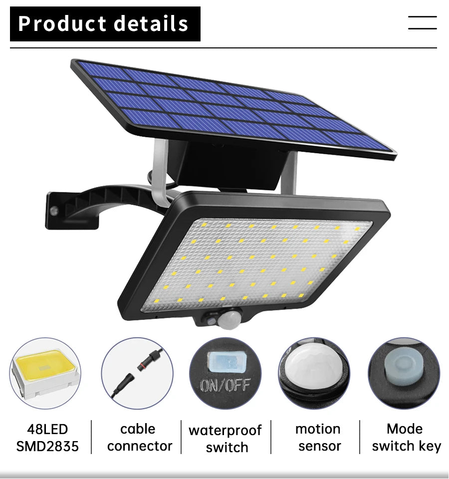 48 leds Solar Light, Solar-powered lamp with 48 LEDs, adjustable angle, and waterproof design for outdoor use.
