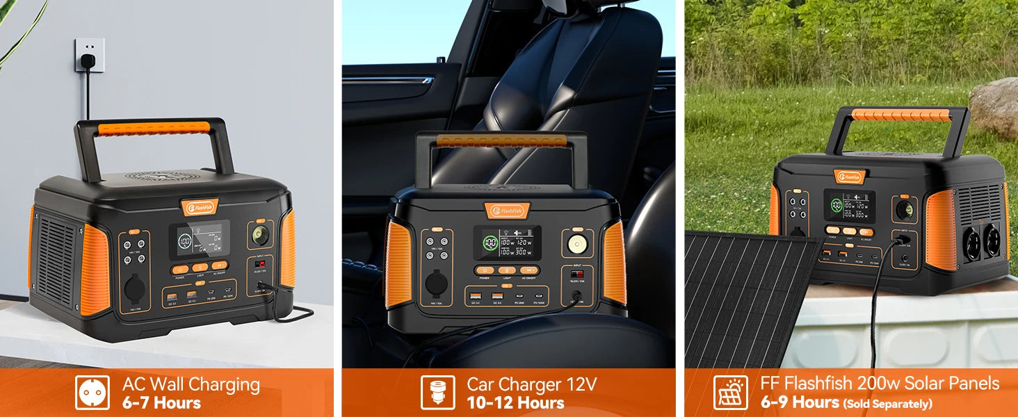 FF Flashfish J1000 PLUS, Charge on-the-go with options including wall outlet, car charger, or DC input.