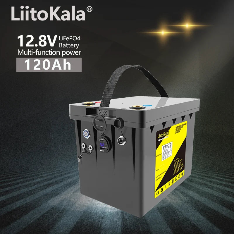 LiitoKala 12V 120Ah LiFePO4 Battery, Reliable power source for RVs, golf carts, and off-grid use with USB output.