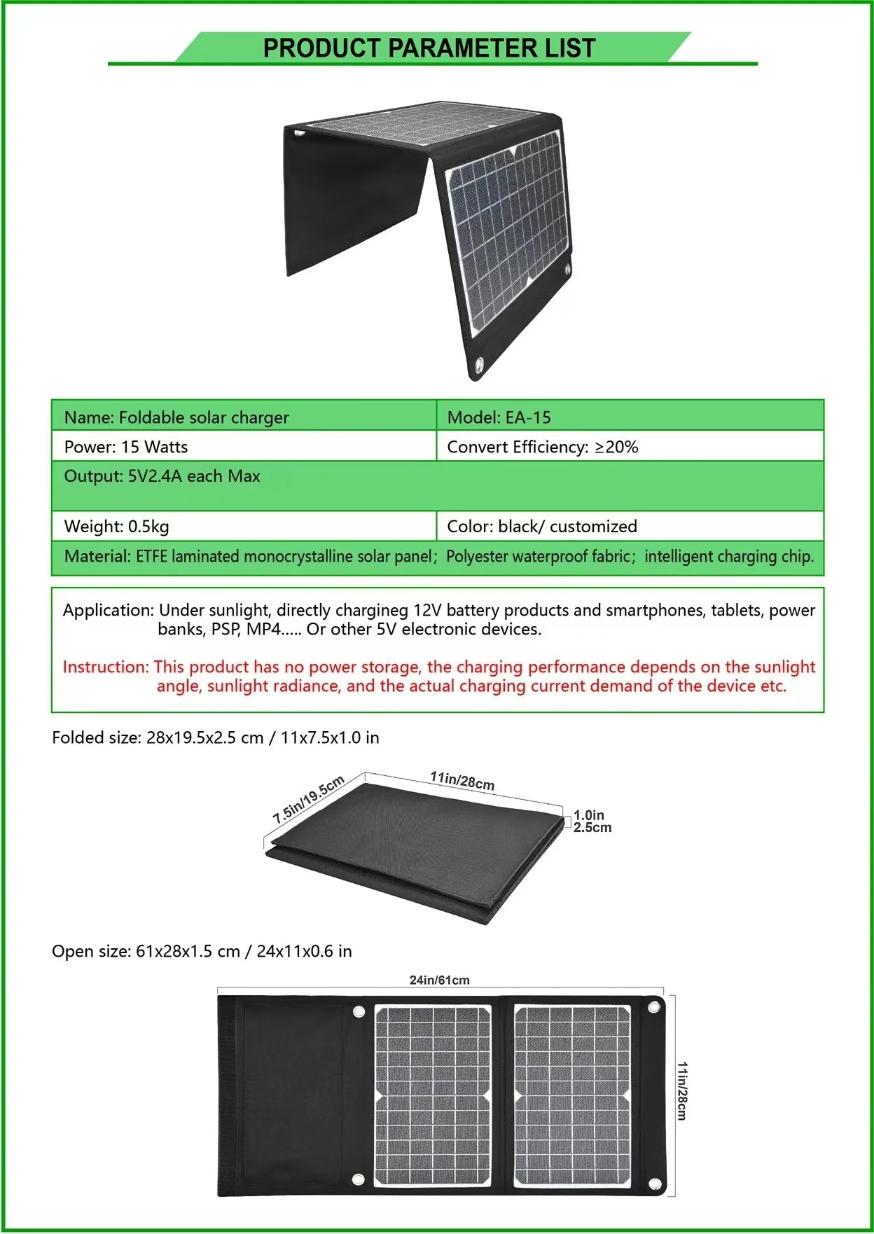 EFTE Solar Panel, Portable solar power bank with 15W panel, 2 USB ports, and 5V output for charging phones and laptops on-the-go.