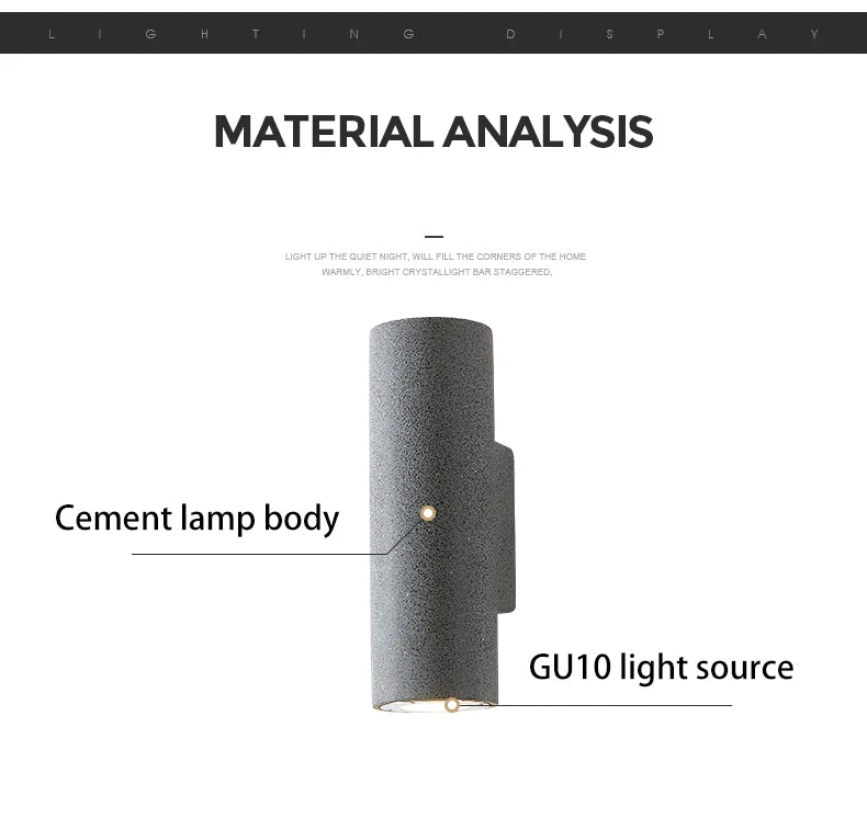 Waterproof LED wall lamp with cement body and GU10 bulb for outdoor lighting.
