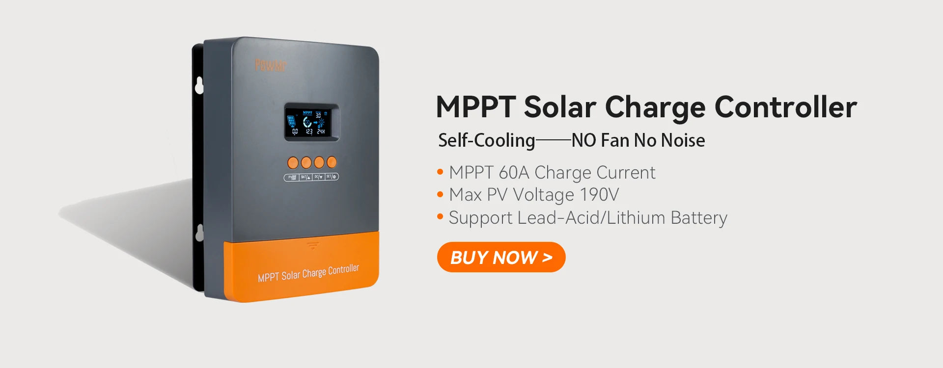 PowMr Solar Charge Controller, High-performance solar charger with self-cooling, quiet operation, handles 60A/190V for lead-acid and lithium batteries.
