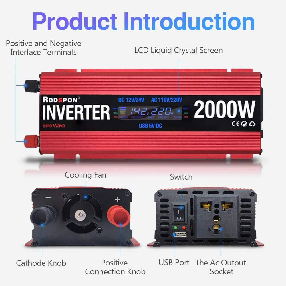 Solar Power Inverter, DC-to-AC power converter for solar panels, cars, and devices; 600W to 2000W capacity.