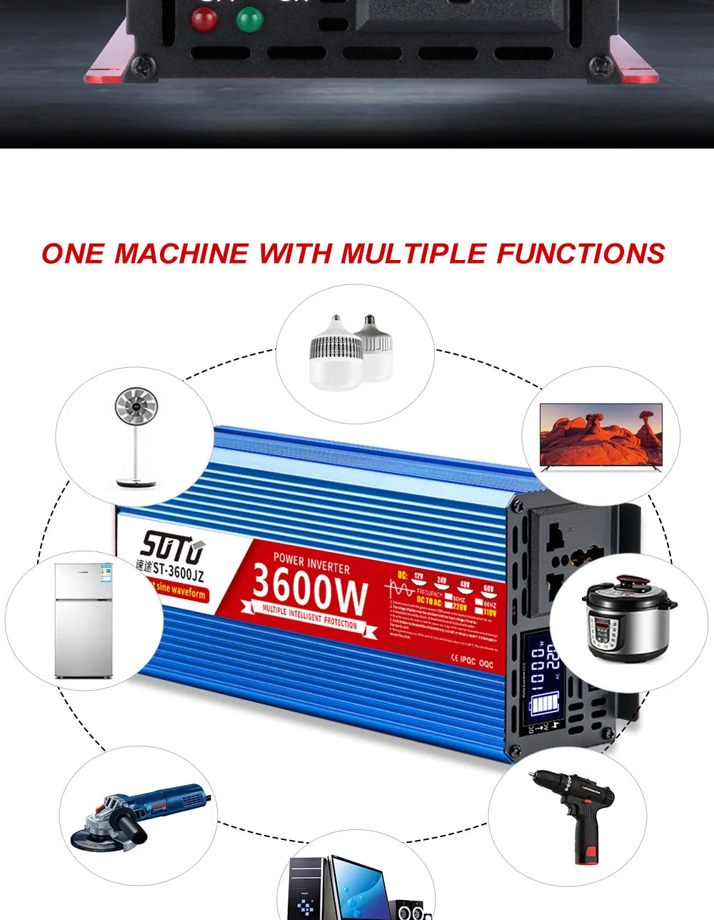 Pure Sine Waveform Universal Inverter, Inverter converts DC power to AC, providing 110V/240V output with pure sine wave, supporting various power levels and frequencies.