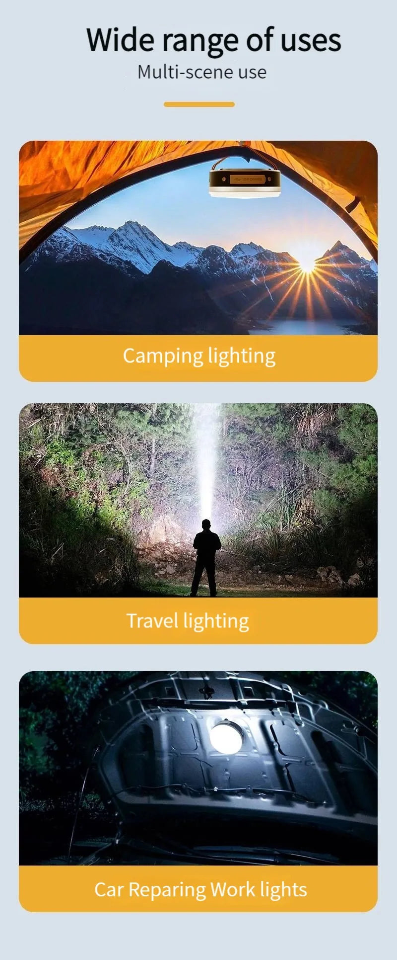 Multi-purpose use for camping, travel, car repairs, and work lighting in various settings.