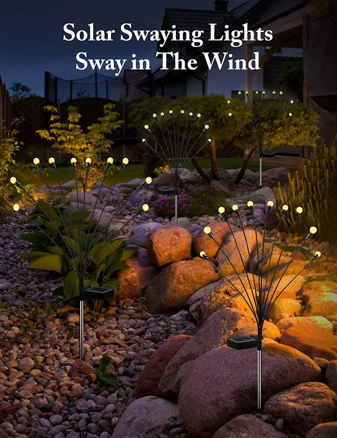 8Pack Solar Firefly Light, Solar-powered lights gently sway with the breeze, adding ambiance to your outdoor space.