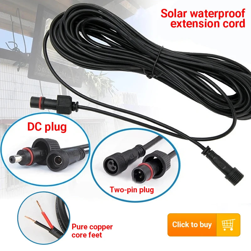 Solar Light, Solar-powered waterproof extension cord with DC plug and pure copper core for reliable use.