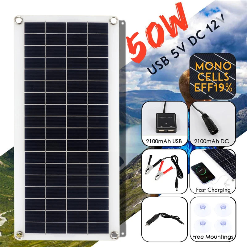 50W Solar Panel, High-efficiency solar panel with 19% efficiency and quick USB charging for outdoor enthusiasts.