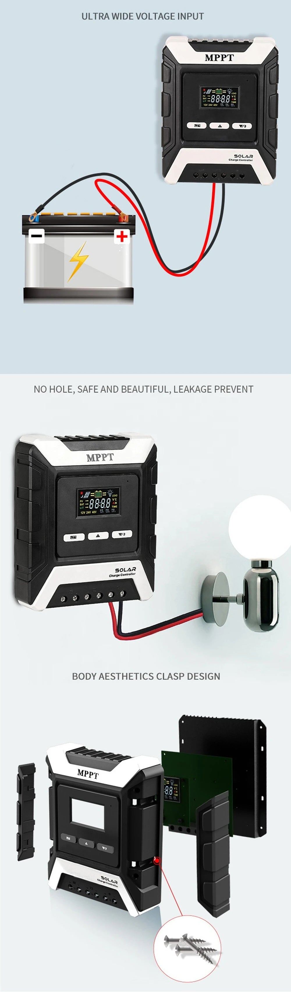 MPPT Solar Charge Controller, Safe and stylish solar charger with wide voltage input, no holes, and easy installation for various battery types.
