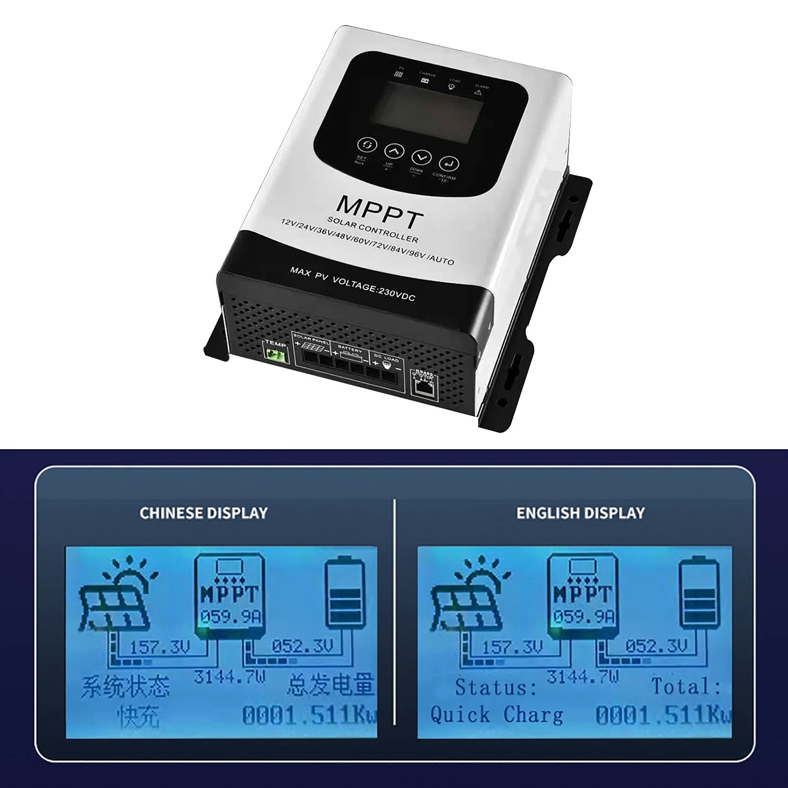 50A 60A MPPT Solar Charge Controller, MPPT Solar Charge Controller for lithium-ion batteries, with displays in Chinese and English.
