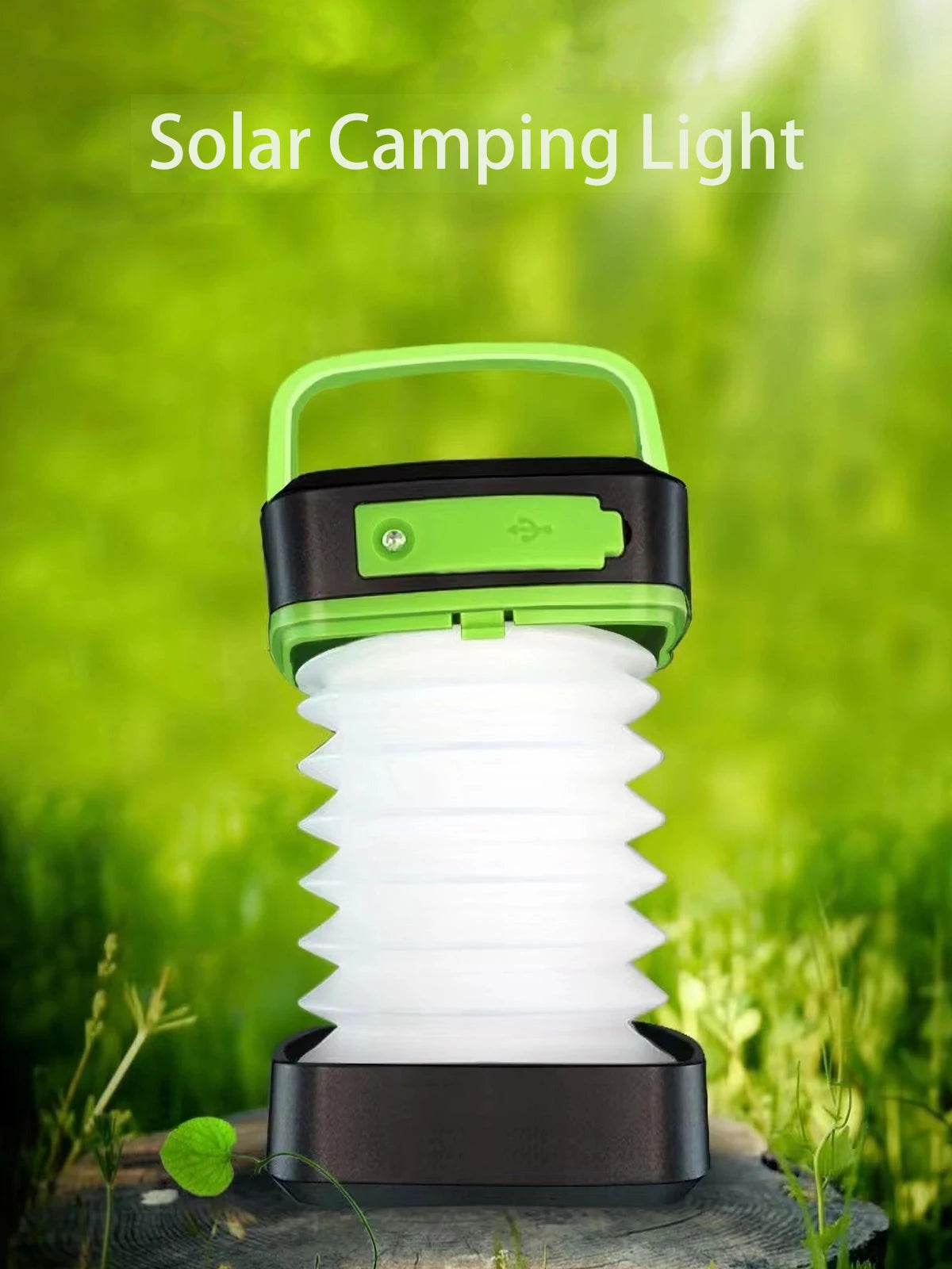 Solar Light, Compact solar-powered lantern with USB charging and adjustable brightness.
