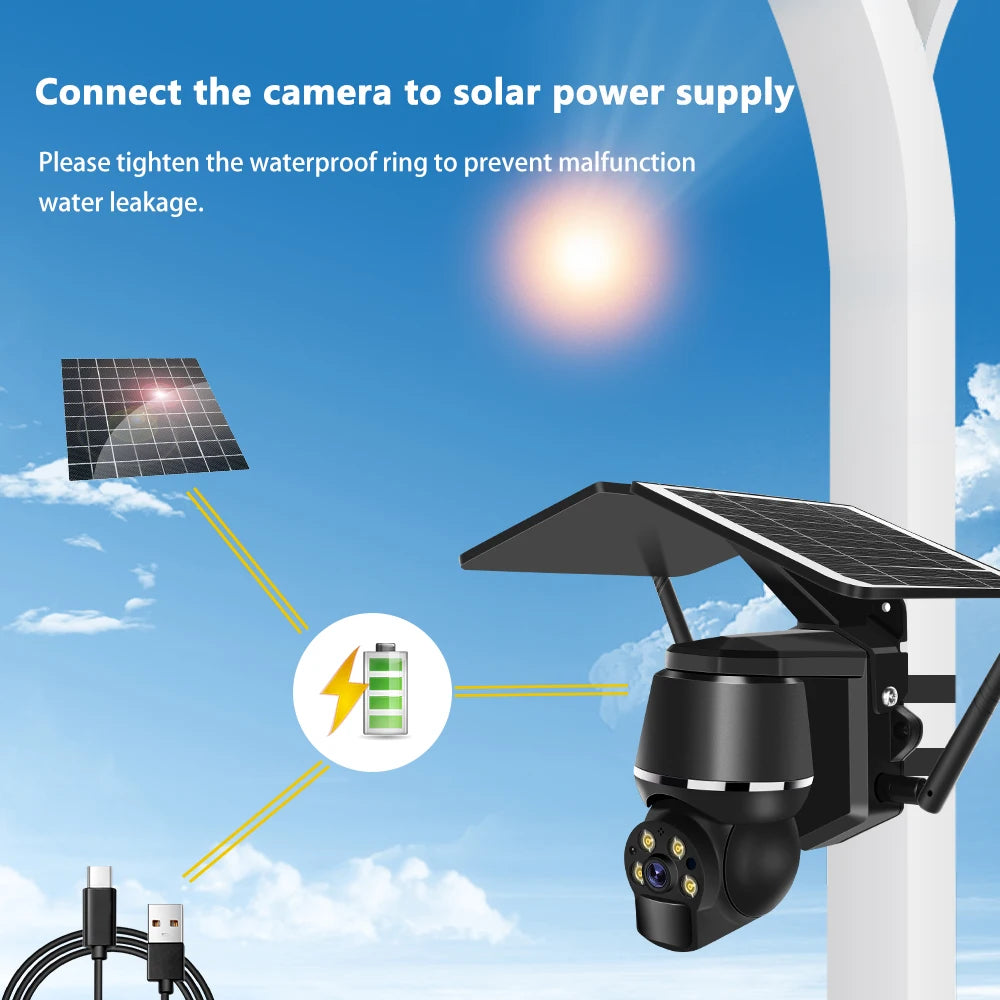 4G 5MP Outdoor Solar Panel Camara, Power camera with solar energy and ensure watertight seal with tightened ring.