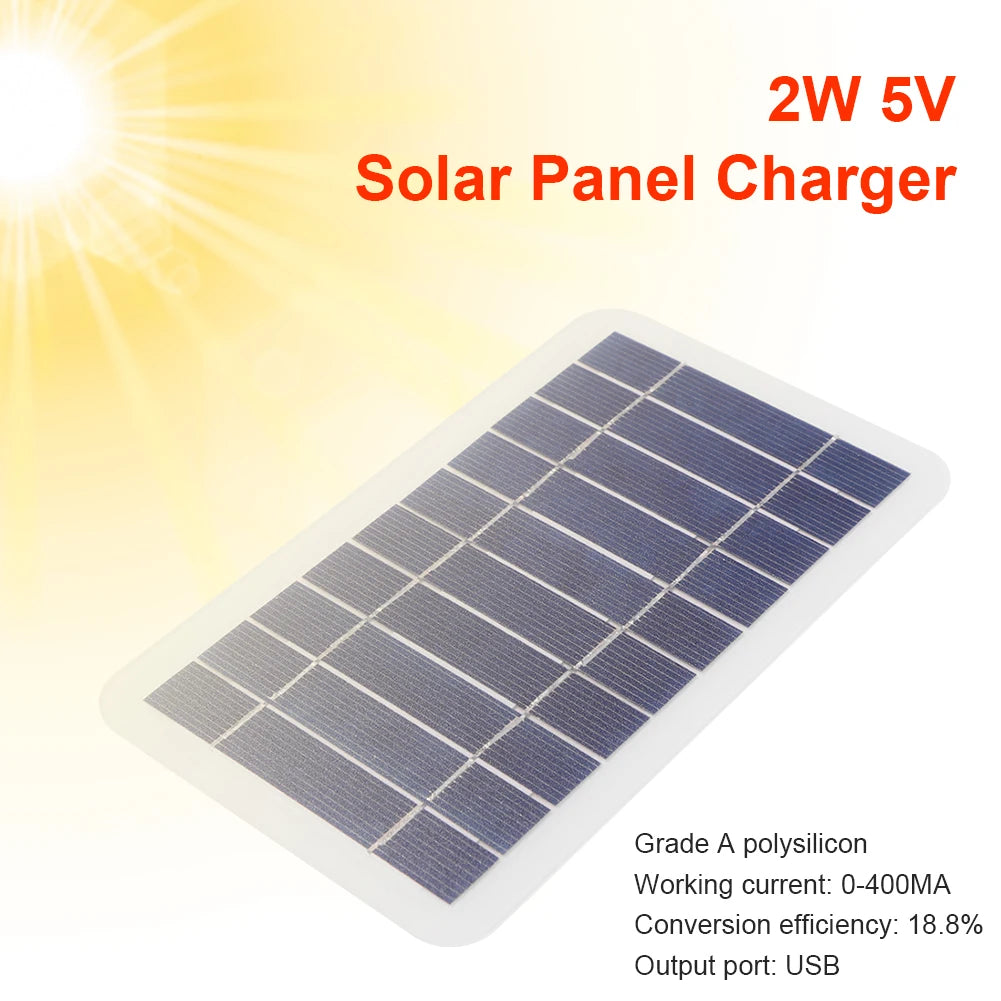 USB Solar Charger Panel, High-efficiency solar panel with 18.8% conversion rate, 5V/2W output, charges devices via USB.