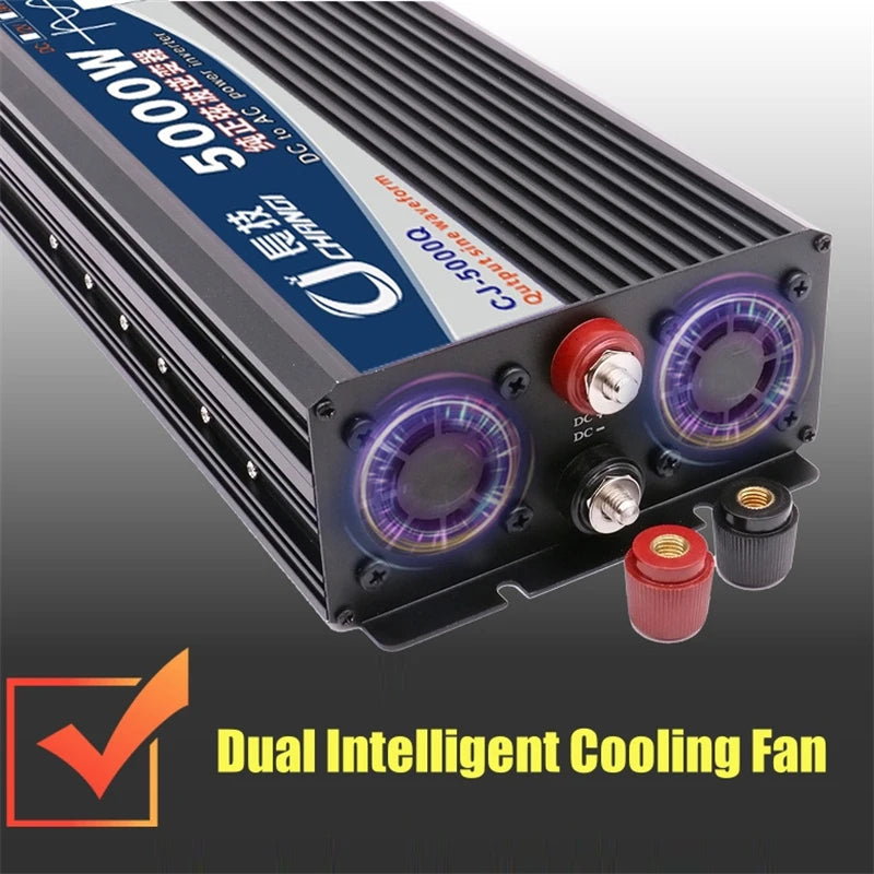 Transforms solar DC power to AC for inverters; handles 12V-60V inputs; produces 110V or 220V AC output.