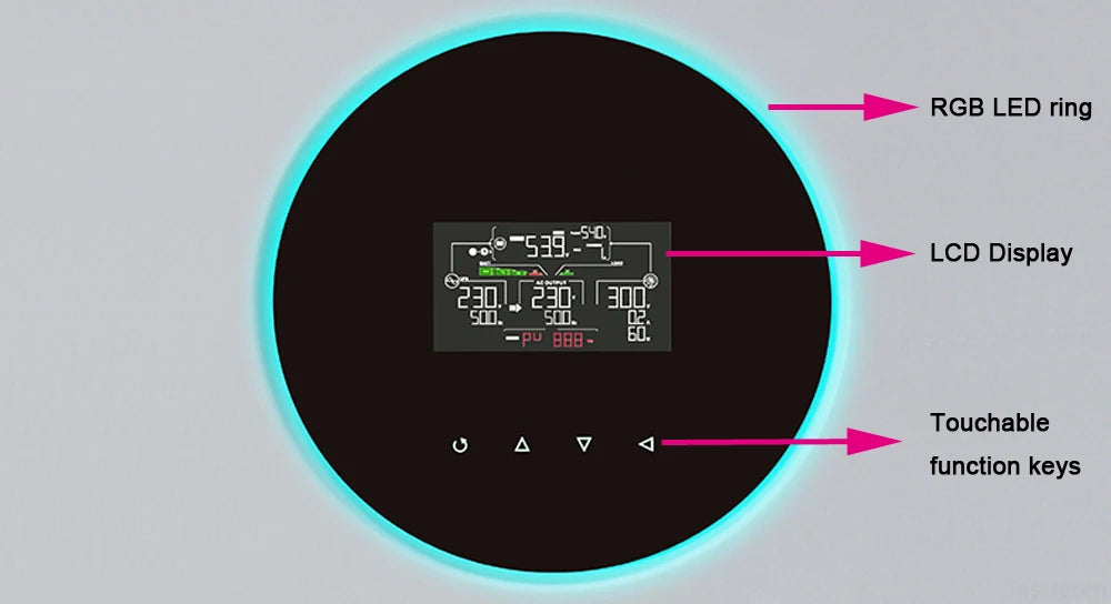 MPPT 5600W Hybrid Solar Inverter, Colorful LED ring and touchscreen keys enhance user interaction on 5.4-inch LCD display.