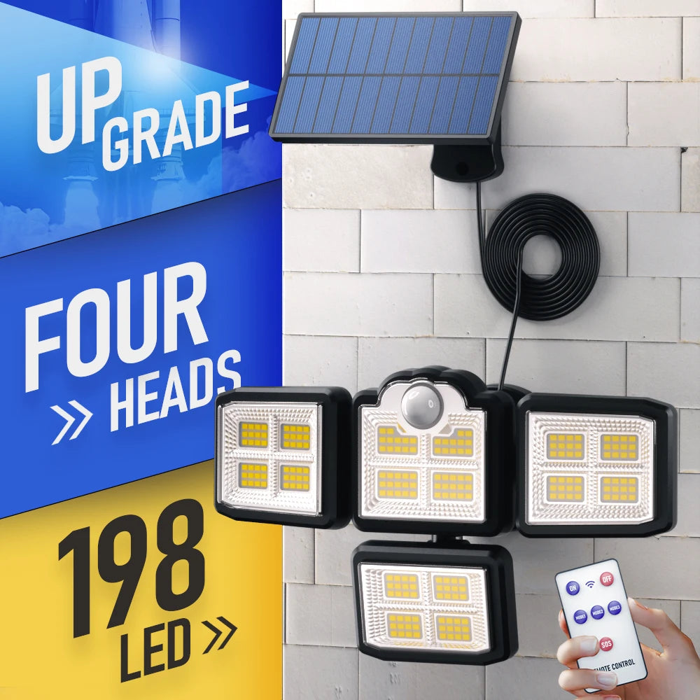 122/138/171/198/333 LED Solar Light, Solar-powered light with 198 LEDs and four adjustable heads for outdoor illumination.