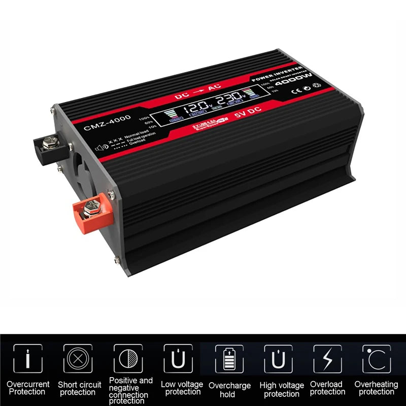 4000W LCD Display Solar Power Inverter, Solar power inverter with protection features, converting 12V to 110V/220V, suitable for car adapters or DC-DC converters.