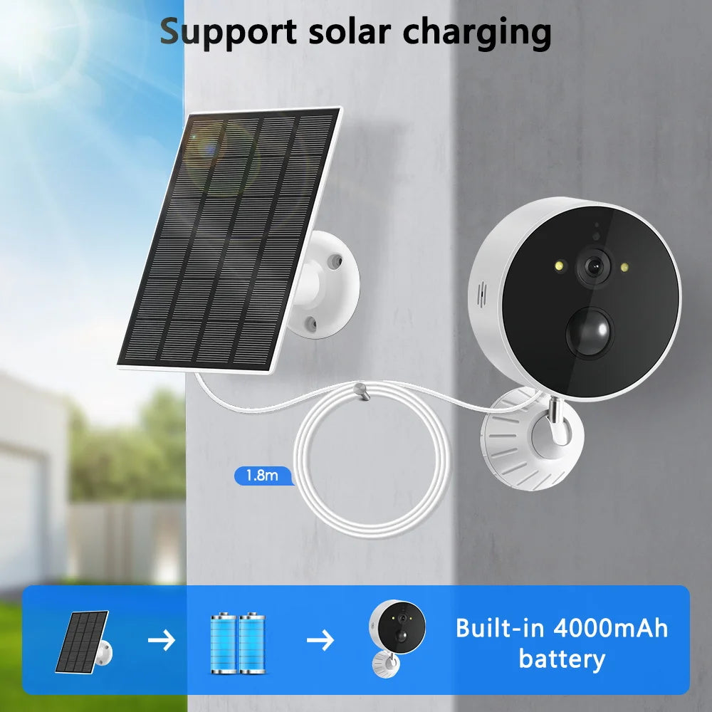 Wireless Solar Camera, Powered by solar energy or built-in 4000mAh battery, ensuring continuous surveillance.