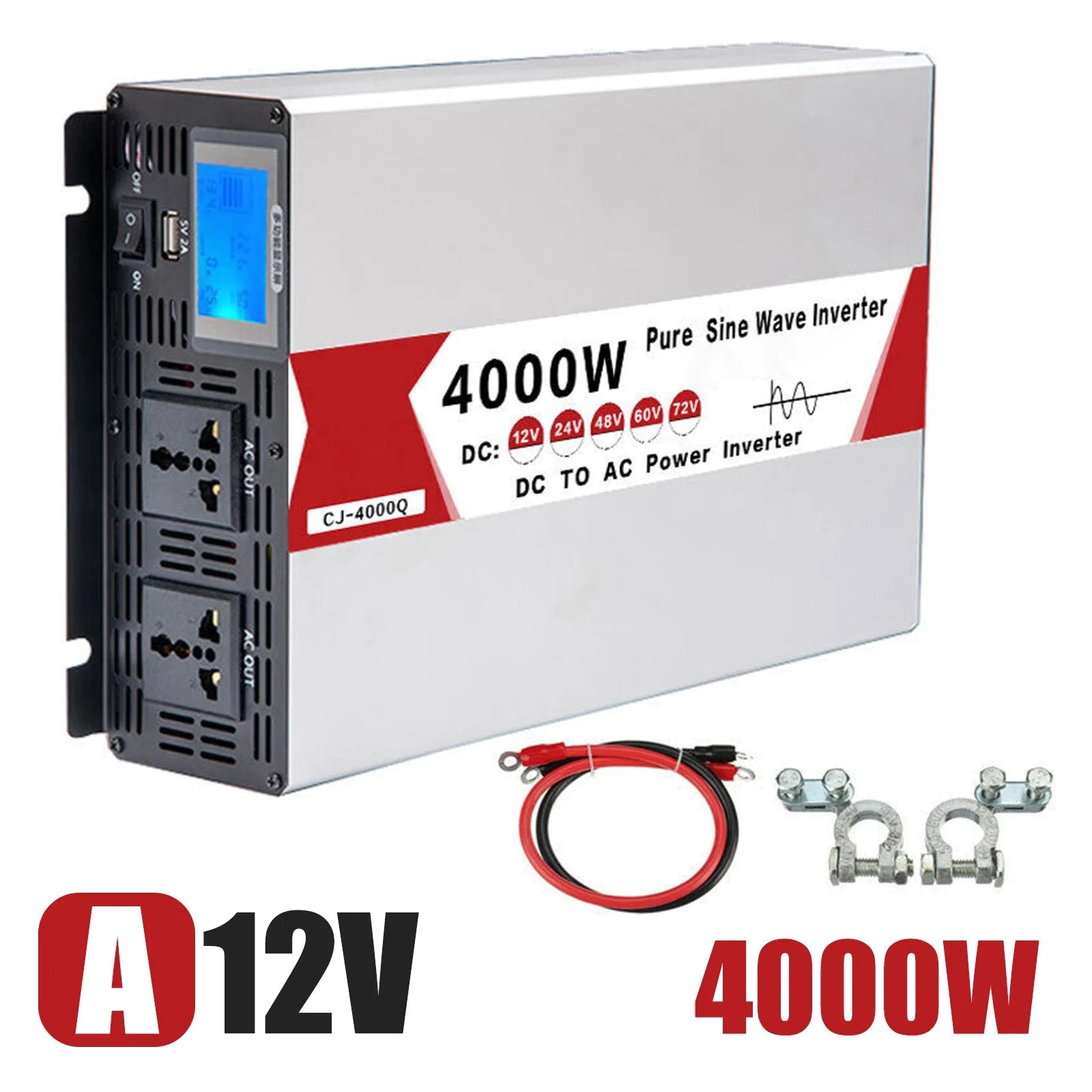 Pure sine wave inverter converts 72V/24V/12V DC to AC up to 220V with 2000W power.