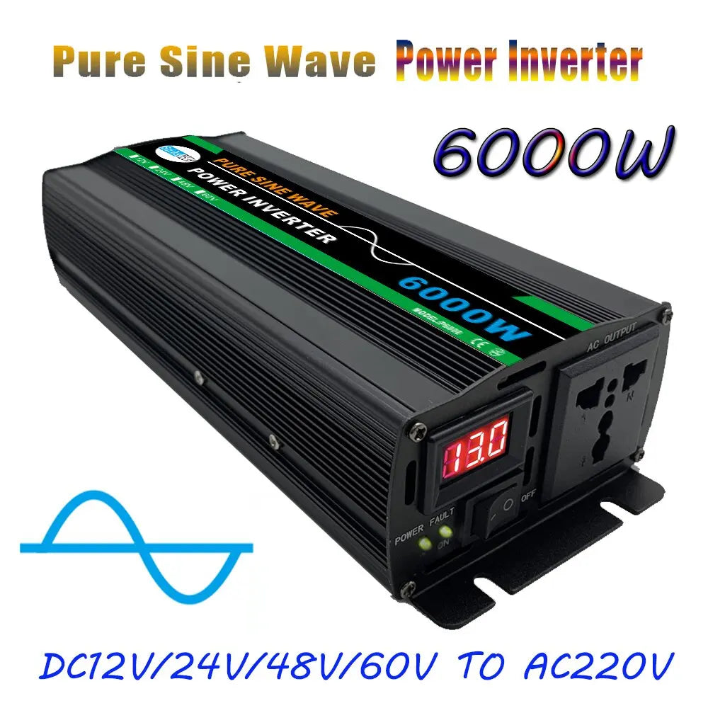 3000W/4000W/6000W Pure Sine Wave inverter, Pure sine wave inverter with 6000W capacity, DC power conversion to 220V AC.