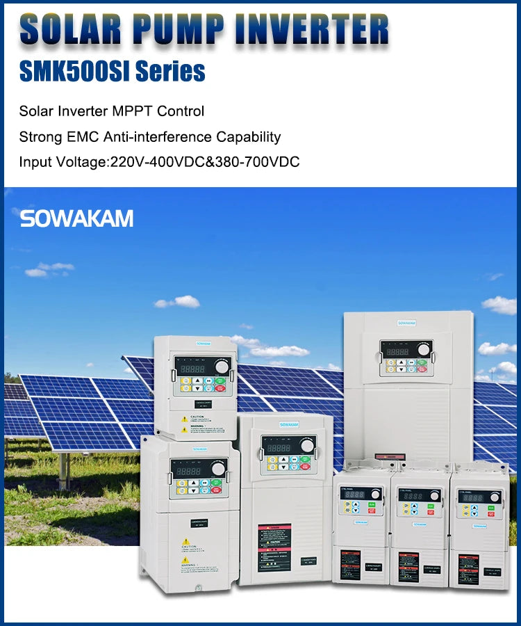 Reliable solar pump inverter for water pumps and more, with EMC protection and wide input voltage range.