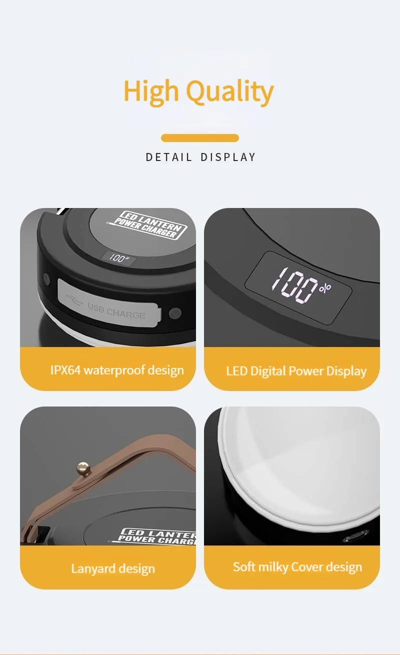 Waterproof camping lantern with LED display, USB charging, and carrying lanyard for outdoor adventures.
