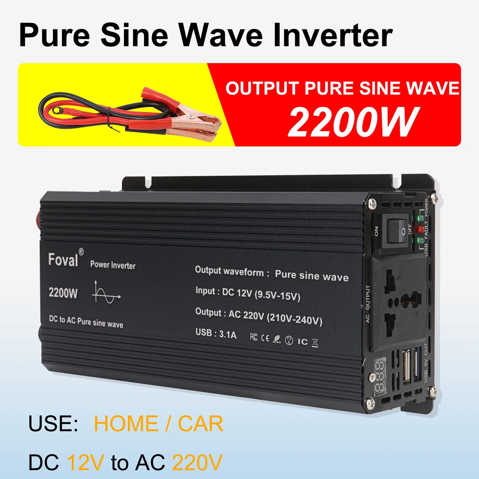 Pure Sine Wave Inverter, Car battery voltage: 12V (family cars) to 24V (trucks), match with suitable inverter voltage.