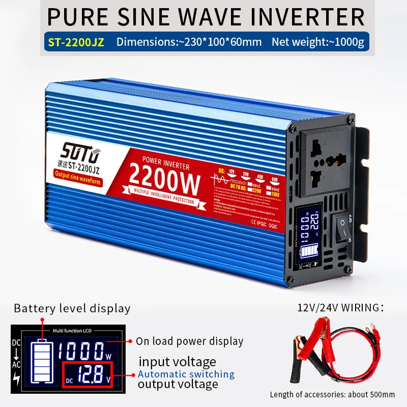 Pure Sine Waveform Universal Inverter, Compact and lightweight pure sine wave inverter with LCD screen and features for safe charging.