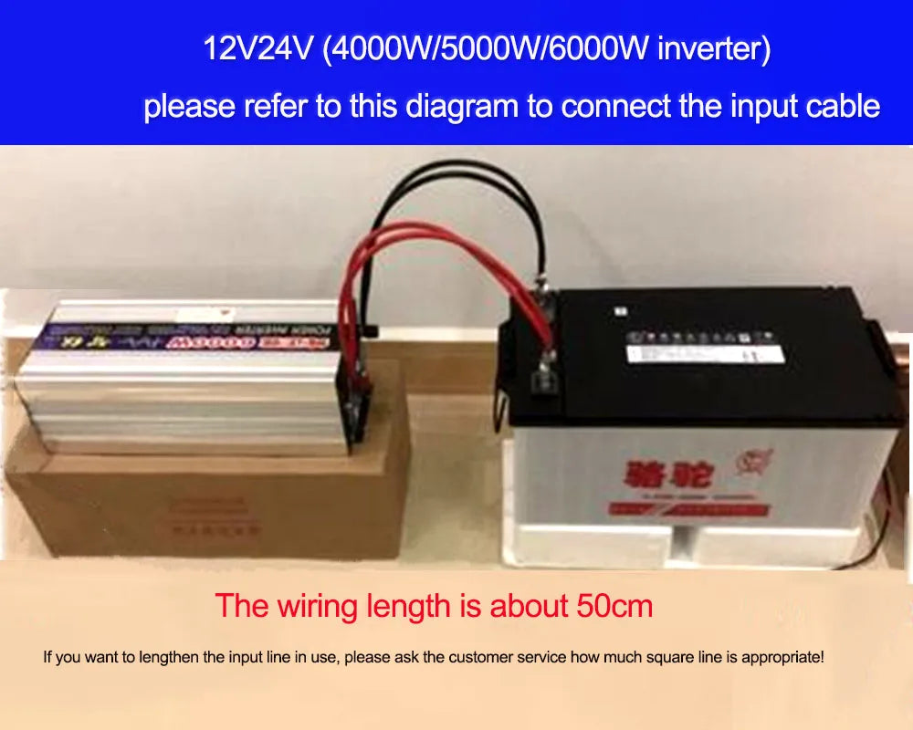 Pure Sine Wave Inverter, Connect input cable as shown, with a typical length of 50cm; consult customer service for longer cables.