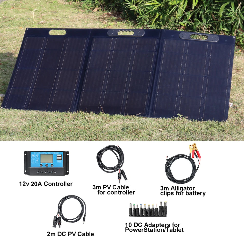 300W Foldable Portable ETFE Solar Panel, Portable power kit for charging tablets and devices, including controller, cables, and adapters.
