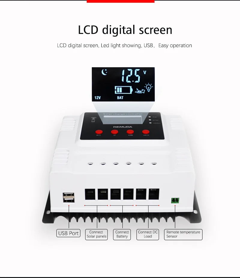 12V 24V 48V 40A 60A Solar Charge Controller, Advanced features: LCD screen, LED lights, USB control, battery sensor, remote temp monitor, and DC output.