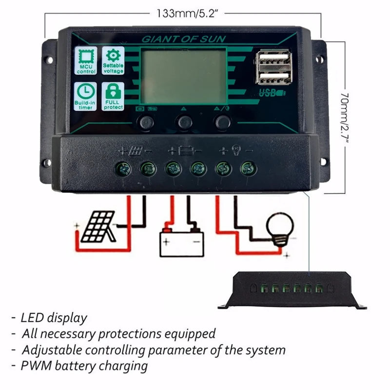 150A Solar Controller, Ergonomic design with large LCD display and adjustable settings for safe solar power management.