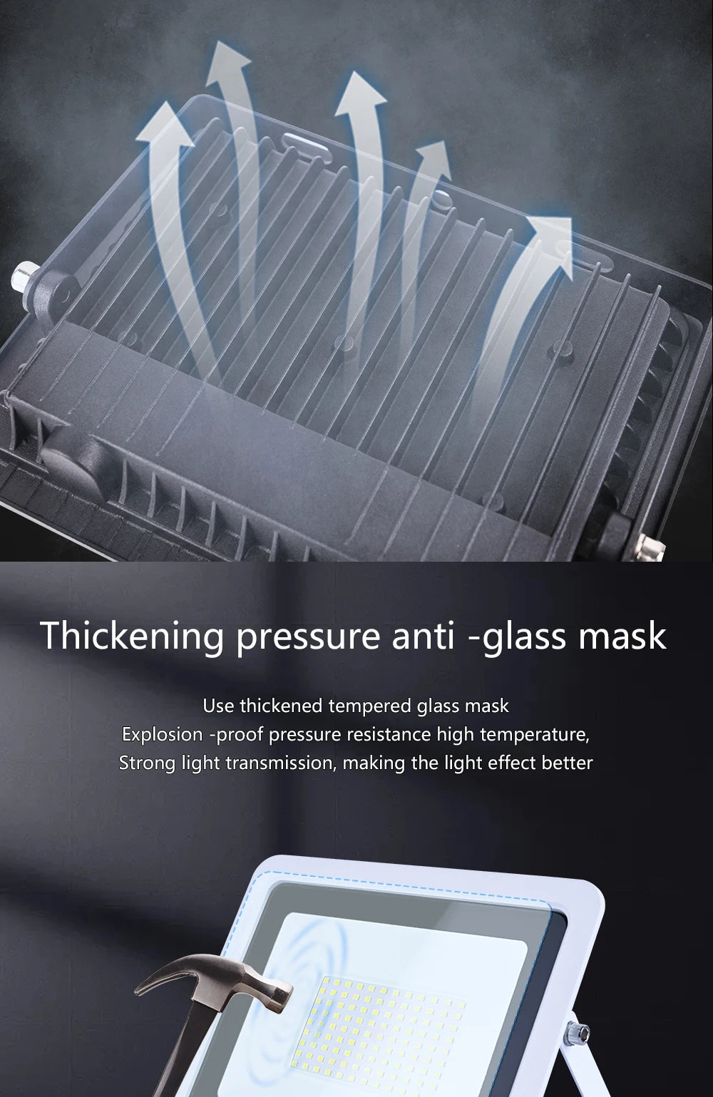 LED Flood Light, Thickened, tempered glass mask resists explosions, heat, and bright lights while maintaining clarity.