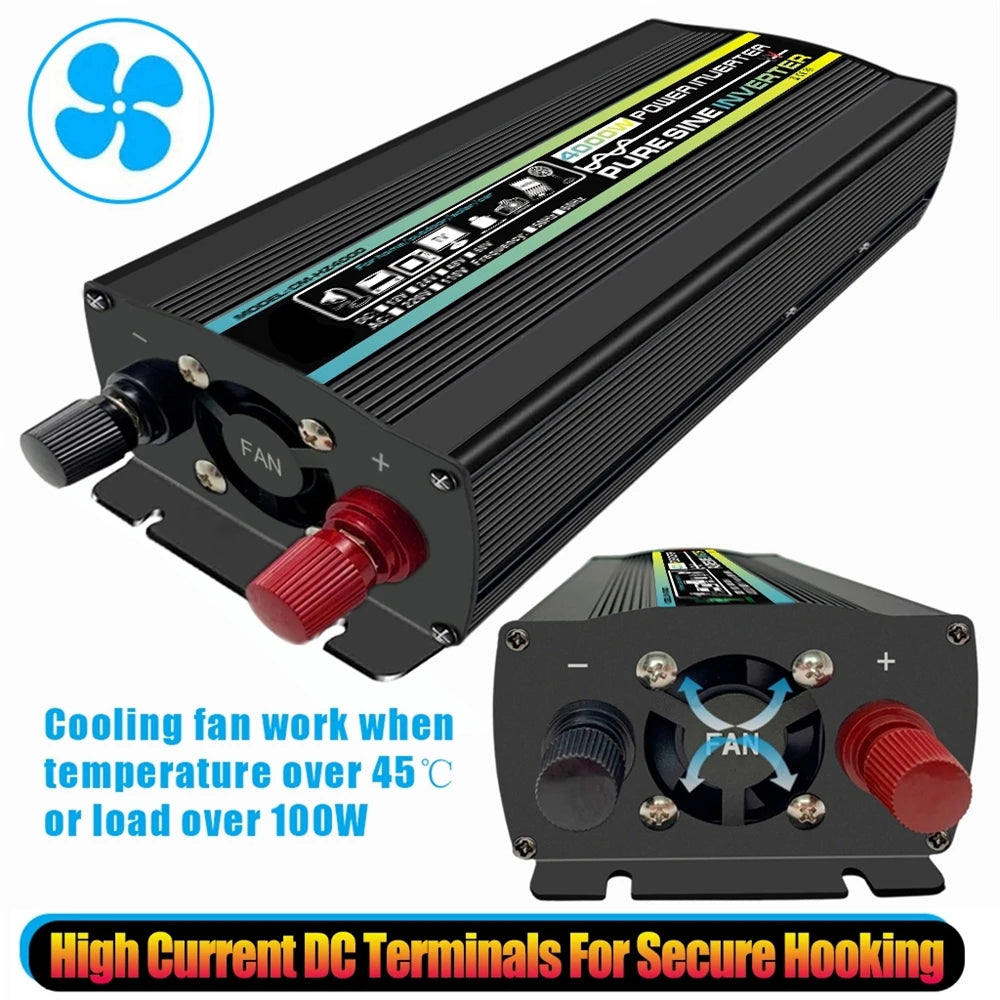 Pure Sine Wave Inverter, High-capacity cooling fan activates at 45°C or 10kW load, with secure DC terminal connections.