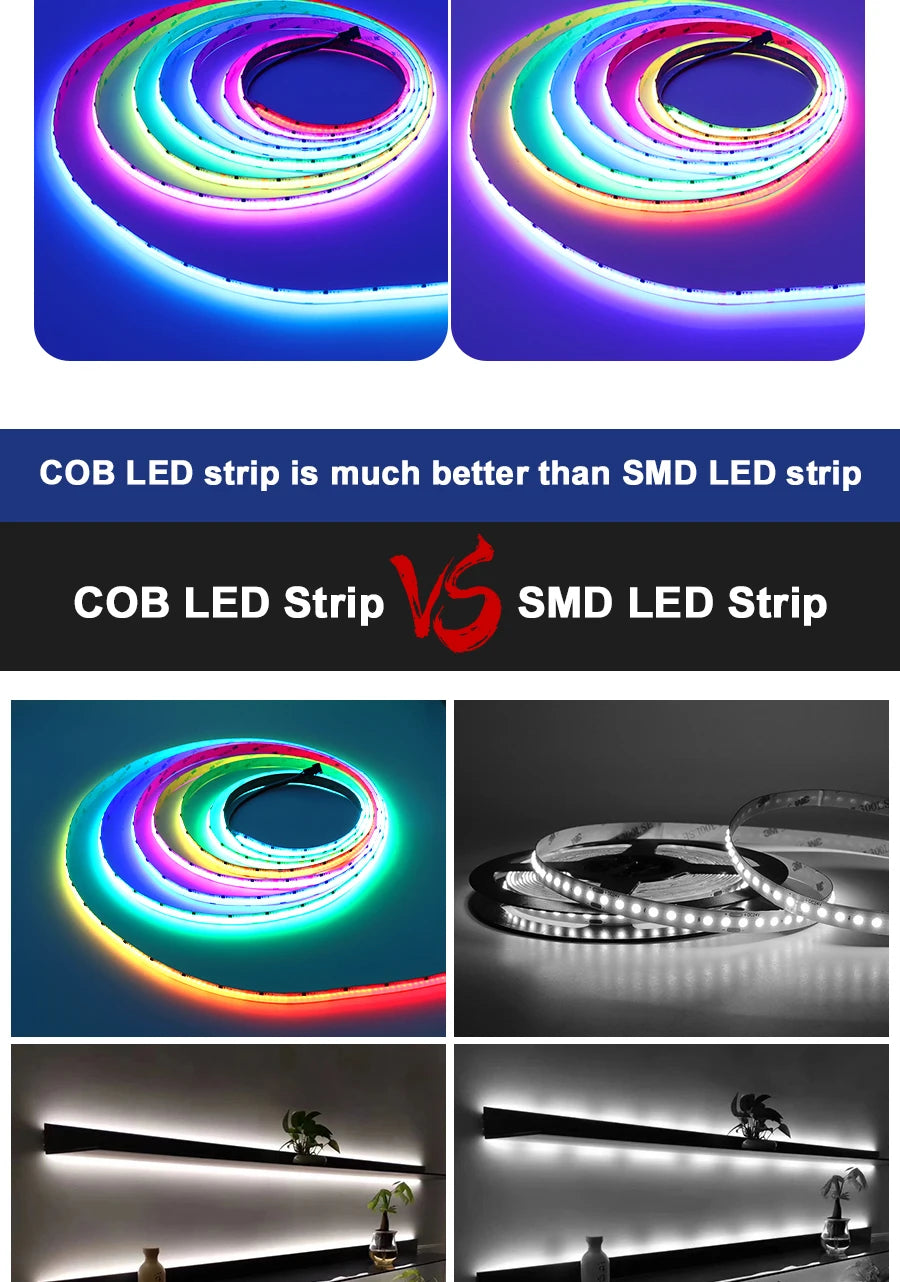 Addressable COB LED Strip Light, Colorful LED strip with 714 LEDs and pixel control for unique room decor or lighting projects.