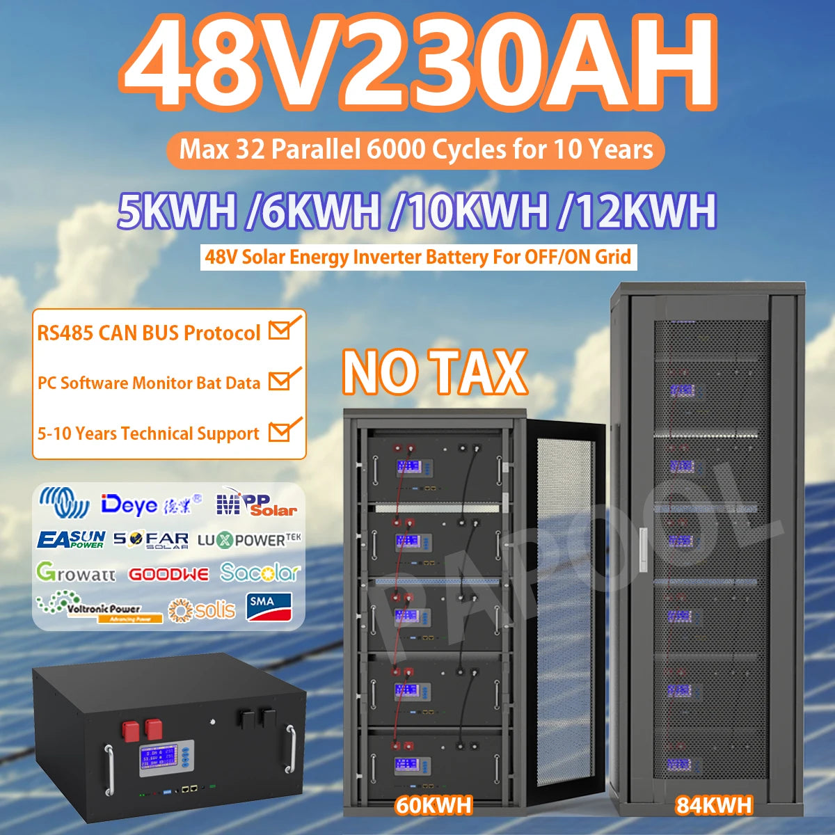 LiFePO4 48V 230Ah 200Ah 100Ah Battery, High-capacity LiFePO4 battery pack for solar energy systems, designed for 10-year lifespan.