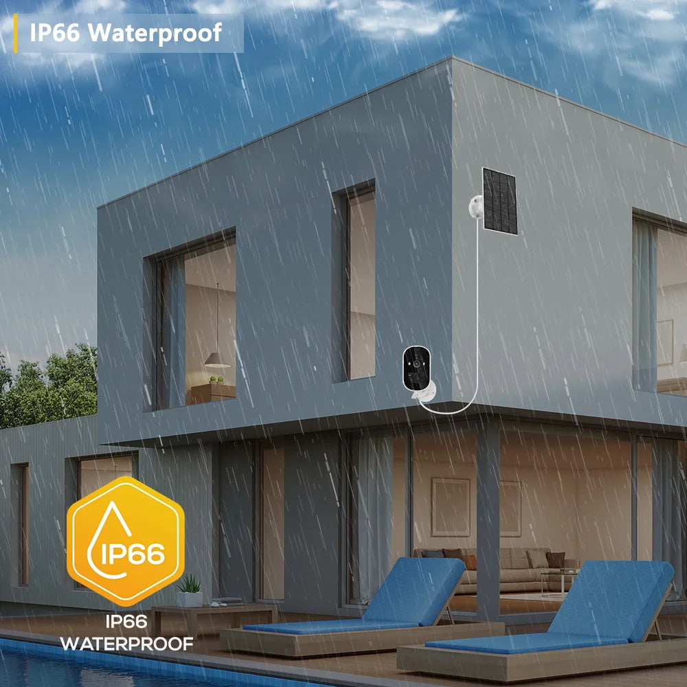 BESDER TD3 WiFi Solar Camera, Water-resistant design for outdoor use, protecting against water, dust, and harsh weather.