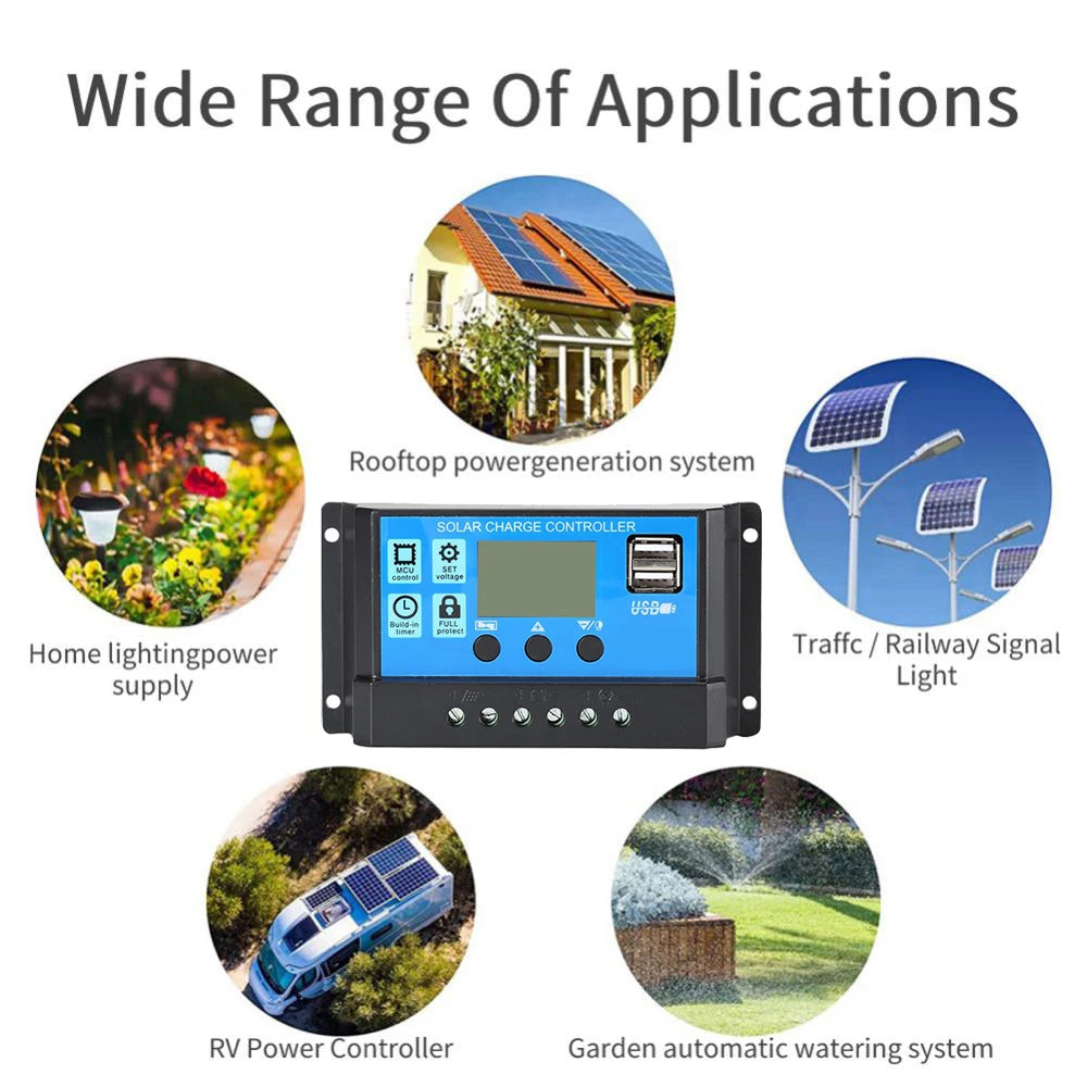 10A 20A 30A Solar Controller, Universal solar charge controller for various applications: rooftops, homes, traffic signals, railways, RVs, and gardens.