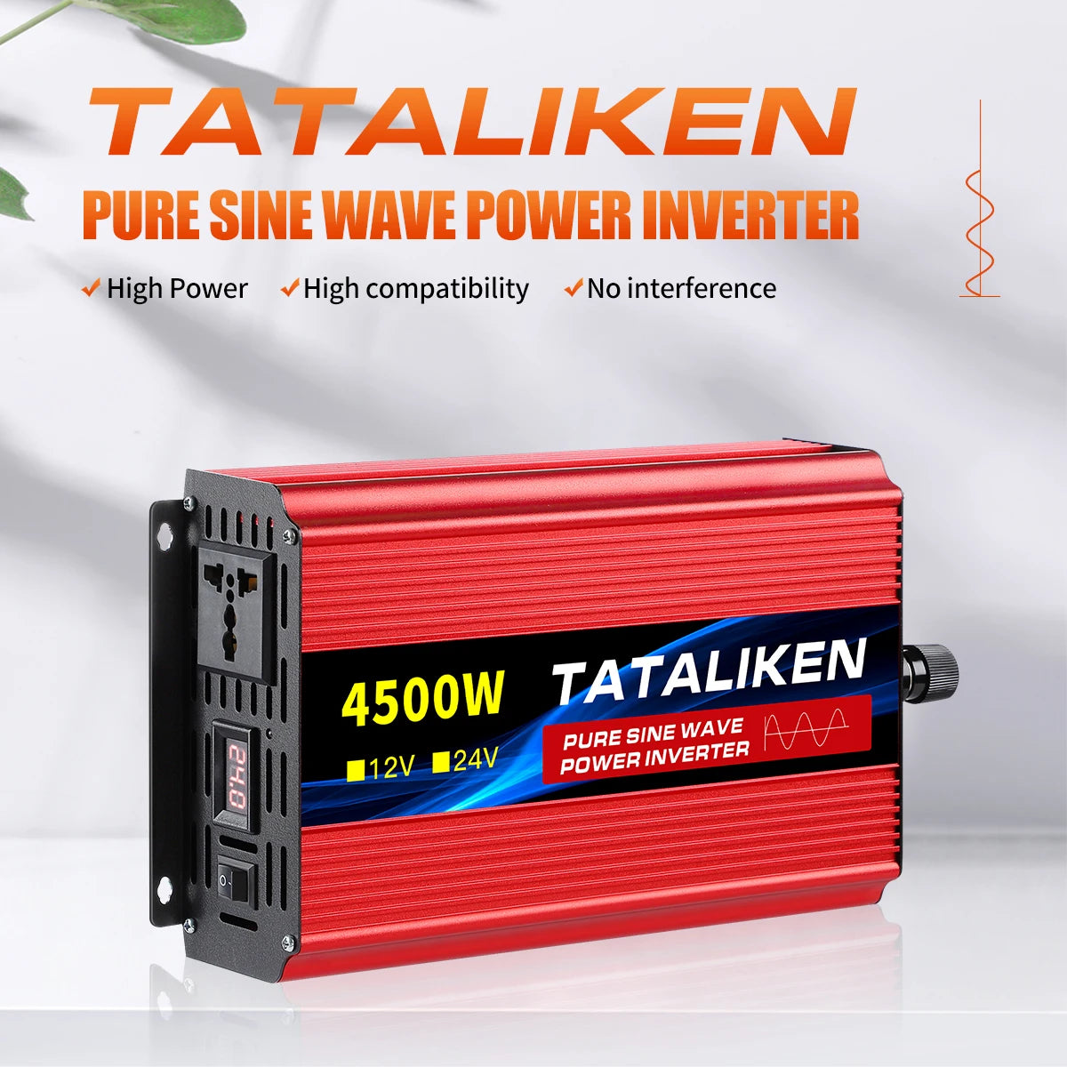 Pure sine wave inverter with high power options for DC-12/24V to AC-220V conversion.