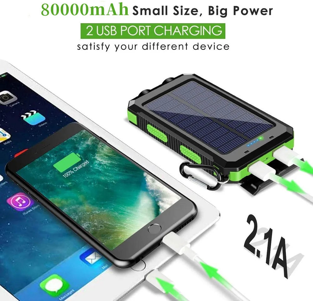 Portable solar power bank with 80,000mAh capacity and compact design for charging multiple devices.